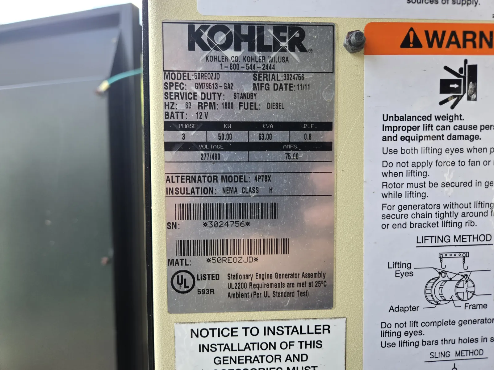 6 50kw kohler industrial generator unit 092265 data tag
