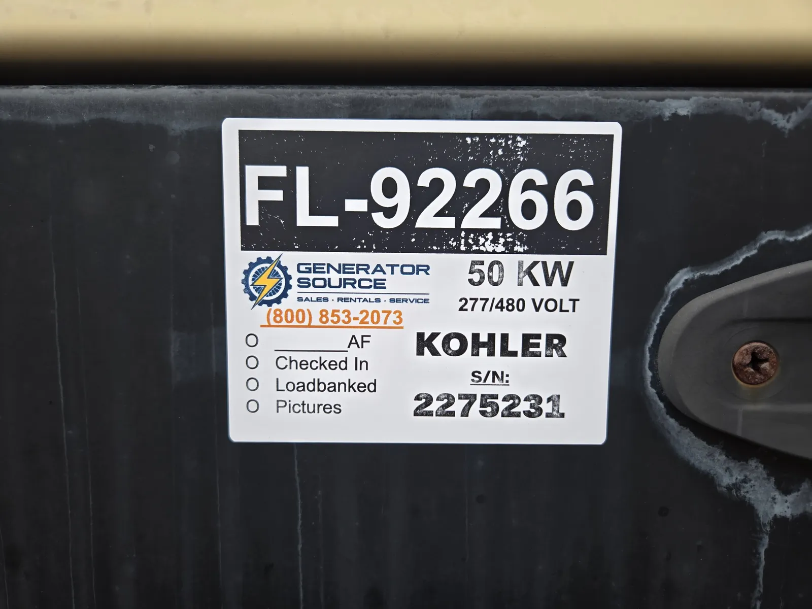 6 50kw kohler industrial generator unit 092266 data tag