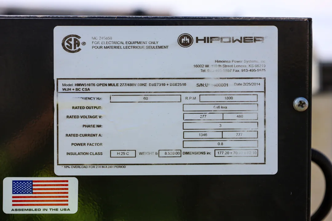 6 515kw hipower industrial generator unit 088898 data tag