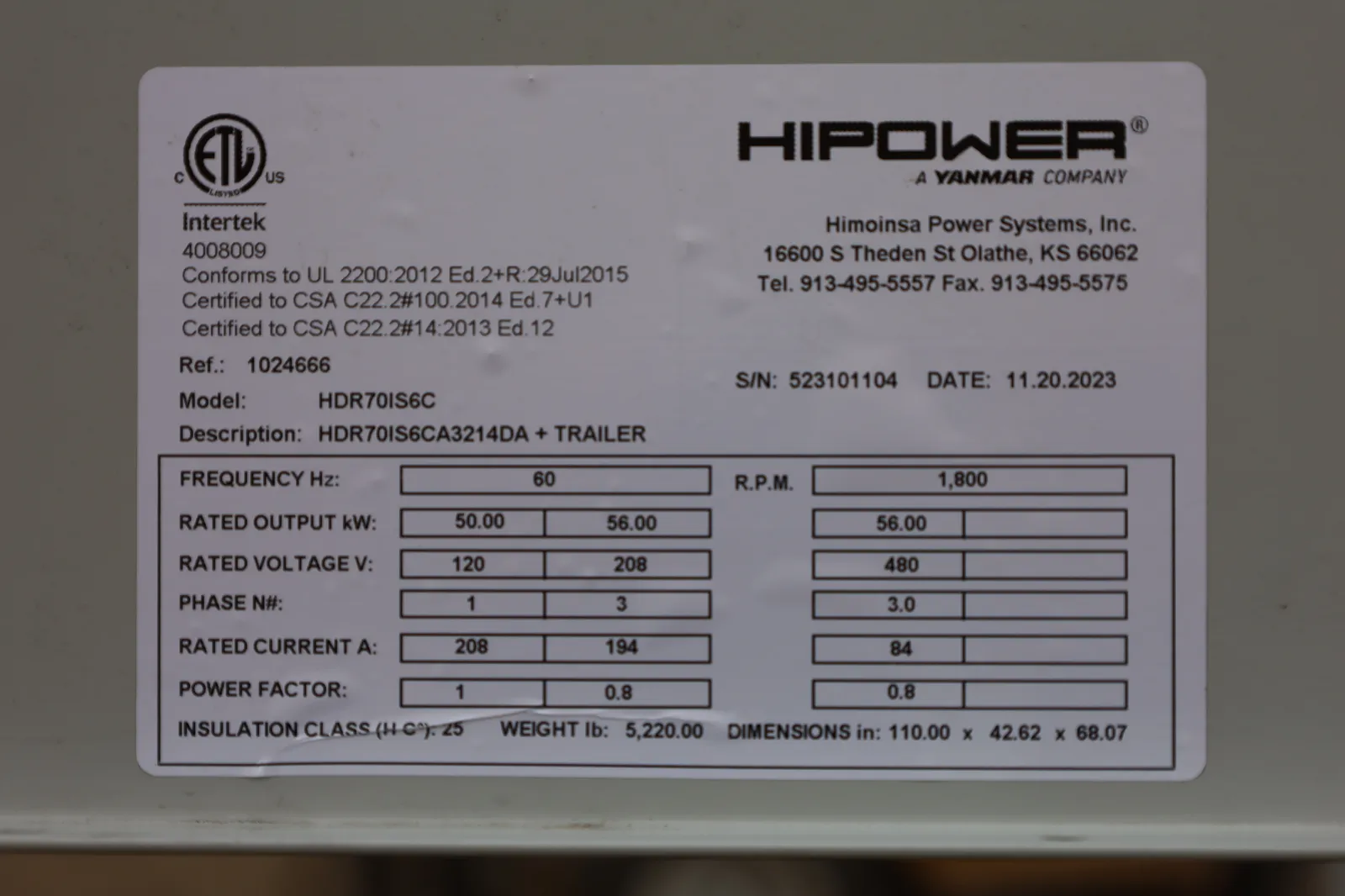 6 56kw hipower industrial generator unit 090057 data tag