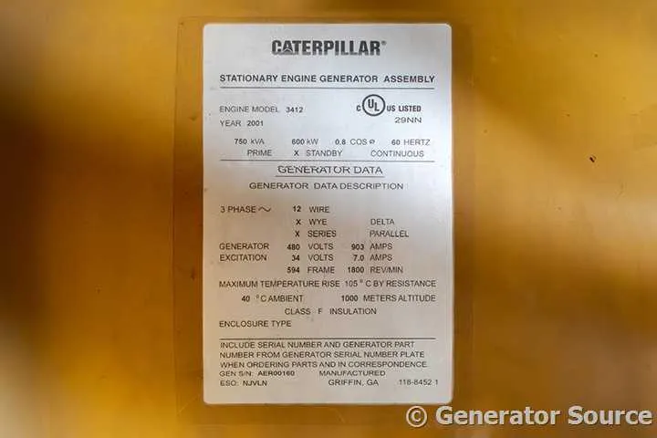 6 600kw caterpillar industrial generator unit 090971 data tag