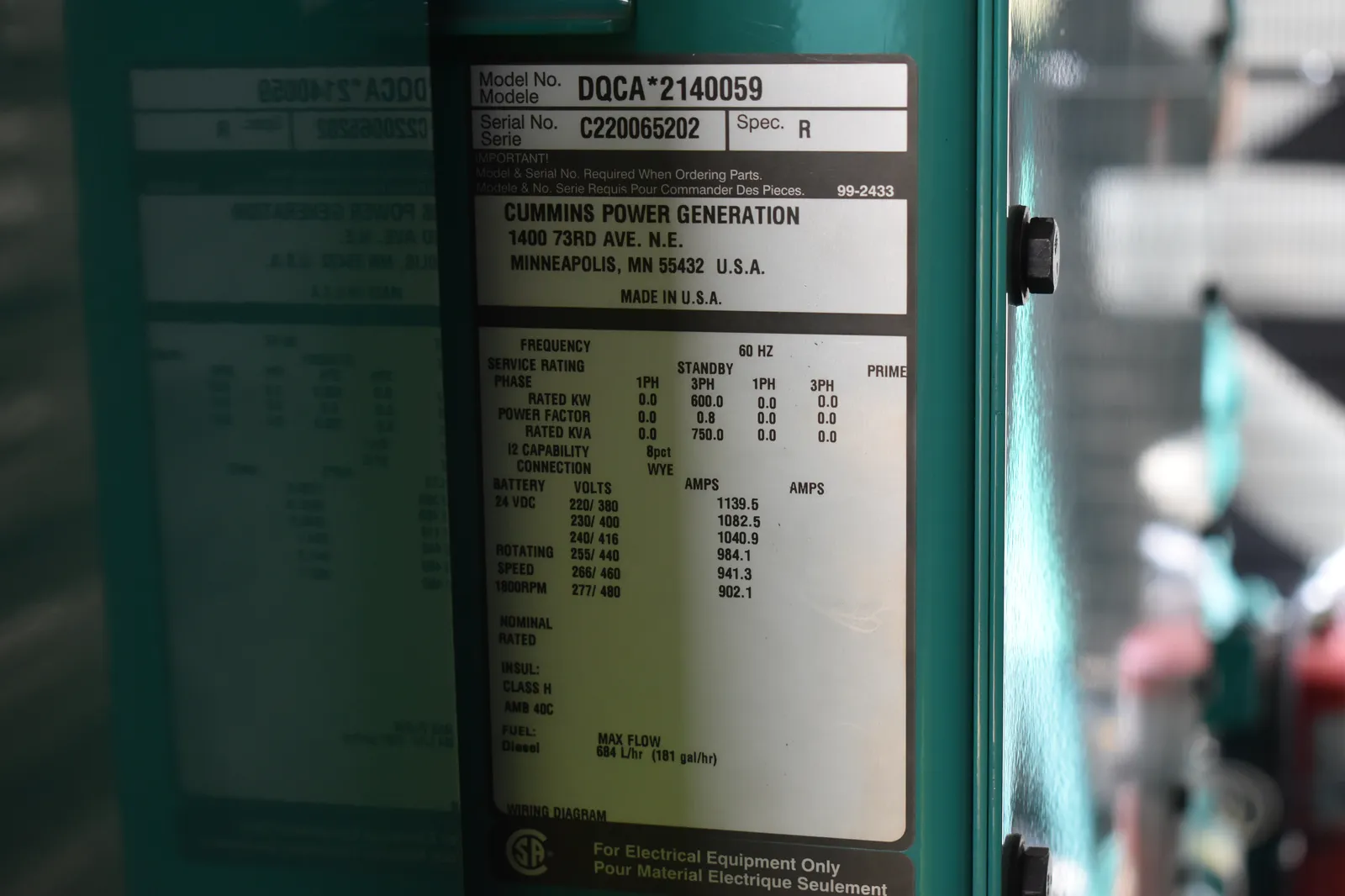 6 600kw cummins industrial generator unit 089874 data tag