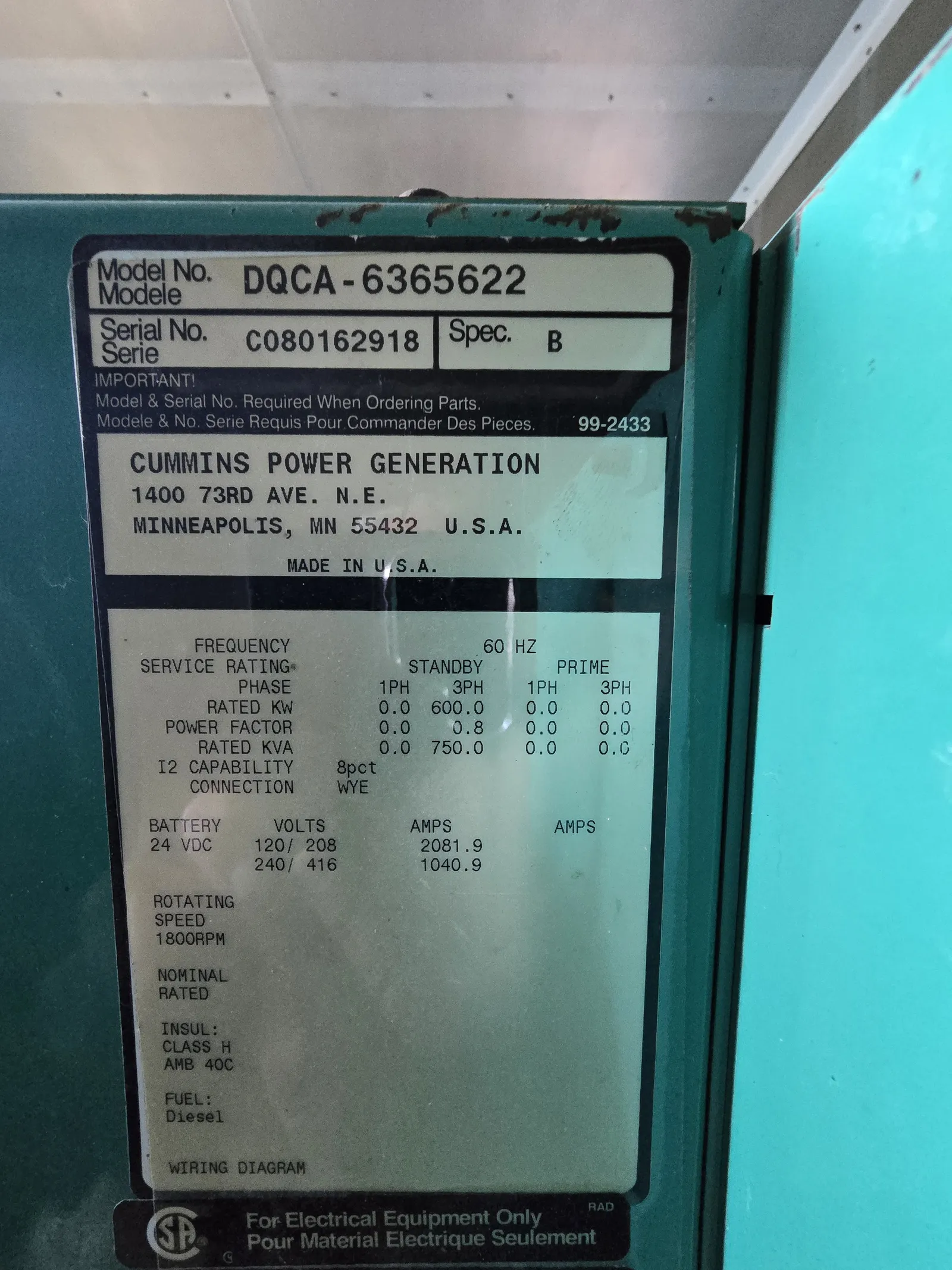 6 600kw cummins industrial generator unit 091843 data tag