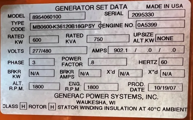 6 600kw generac industrial generator unit 089151 data tag