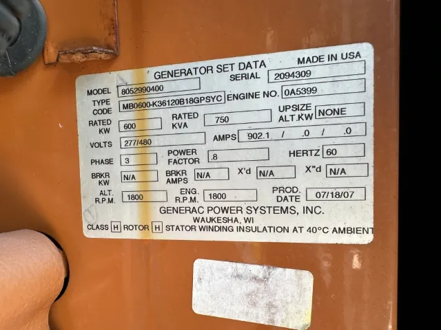 6 600kw generac industrial generator unit 089719 data tag