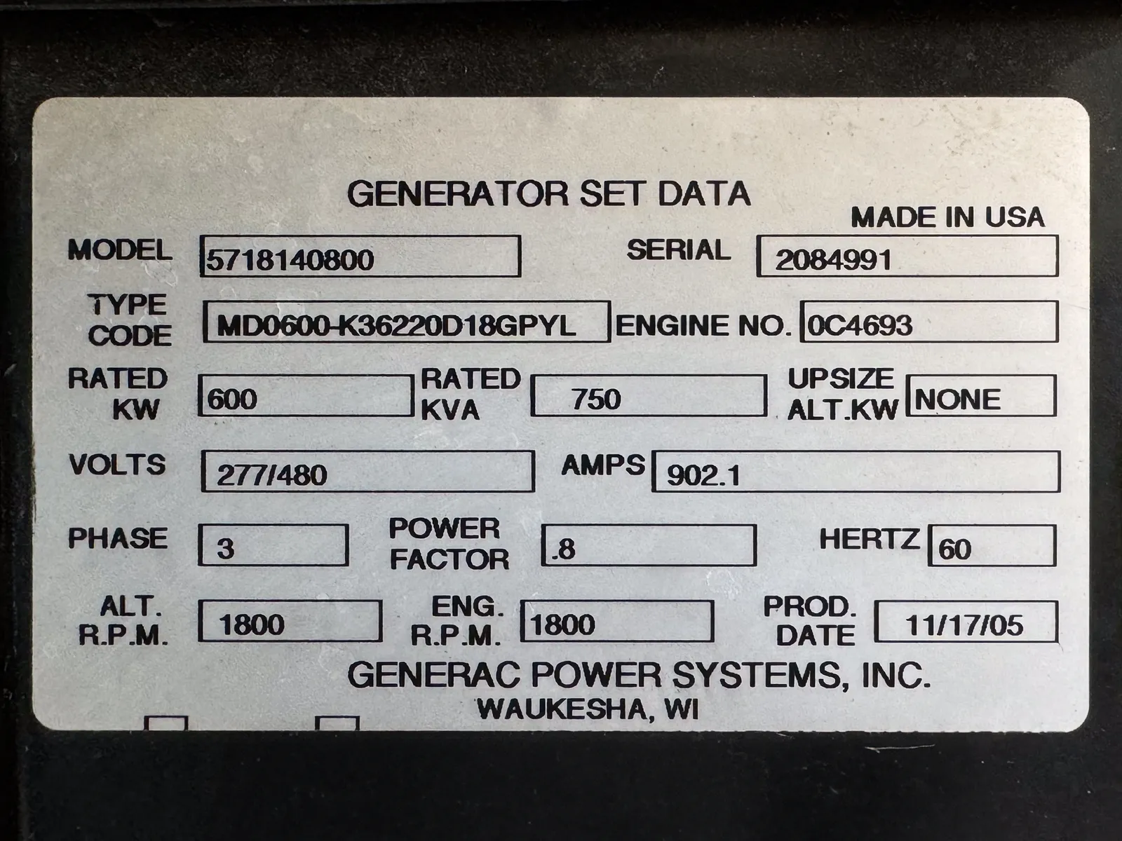 6 600kw generac industrial generator unit 091243 data tag