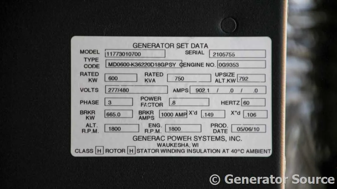 6 600kw generac industrial generator unit 091376 data tag