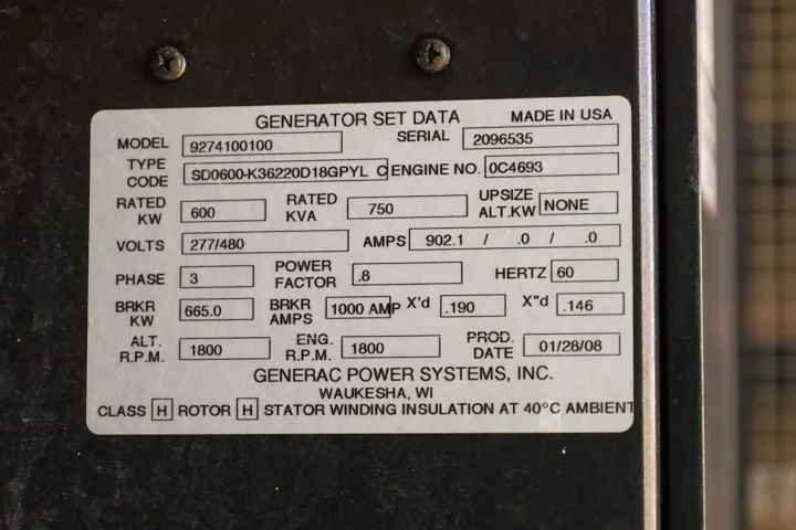 6 600kw generac industrial generator unit 091566 data tag