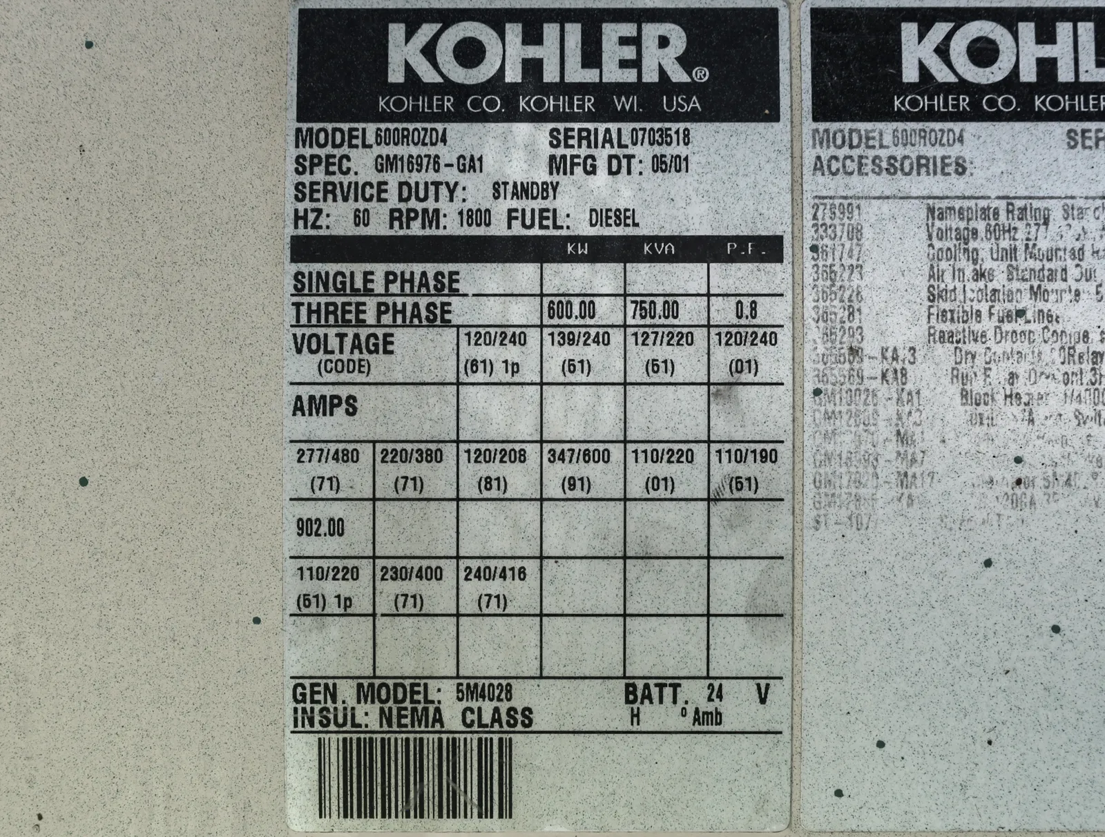 6 600kw kohler industrial generator unit 089573 data tag