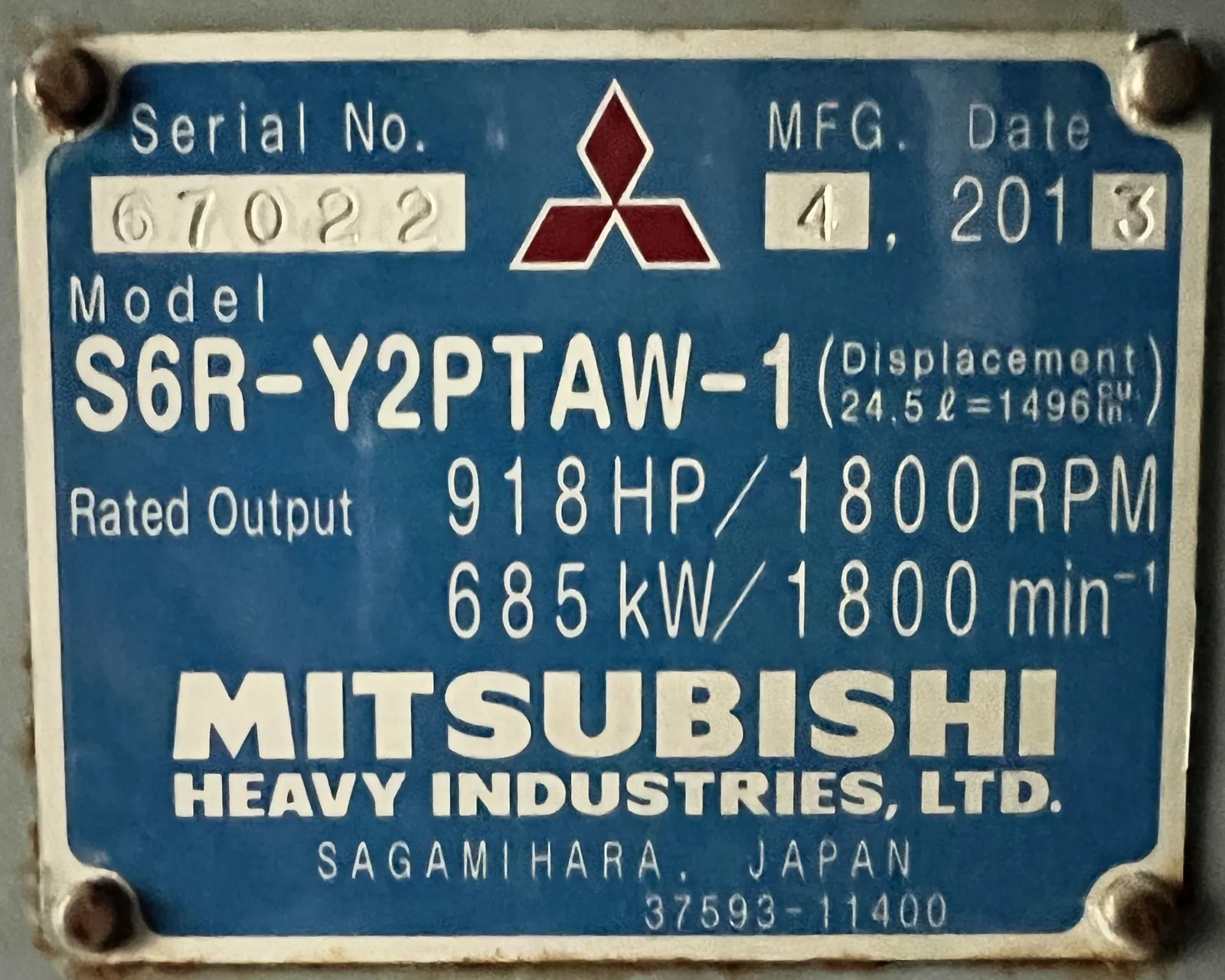 6 600kw mitsubishi industrial generator unit 089103 data tag