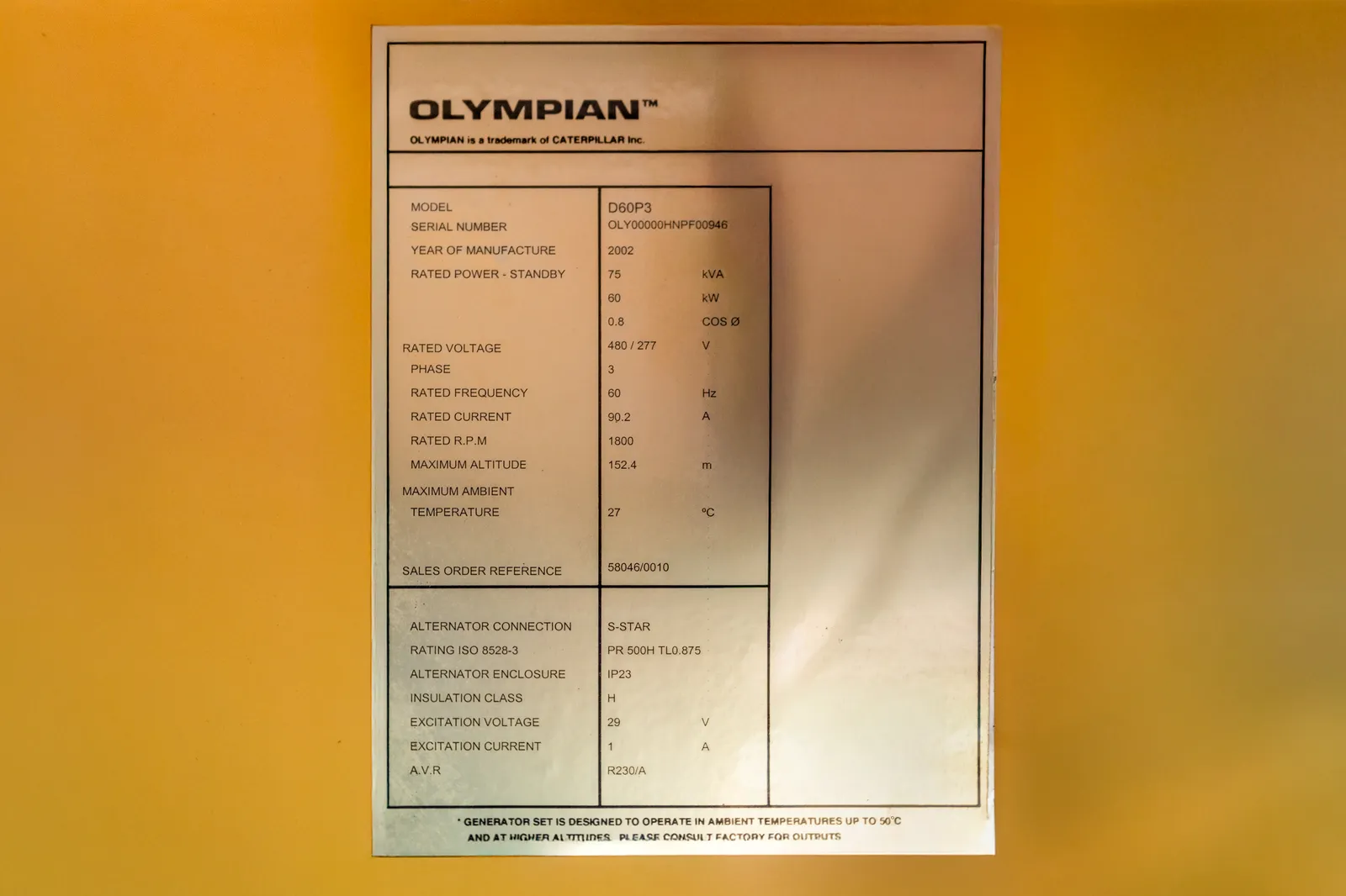 6 60kw olympian industrial generator unit 092304 data tag