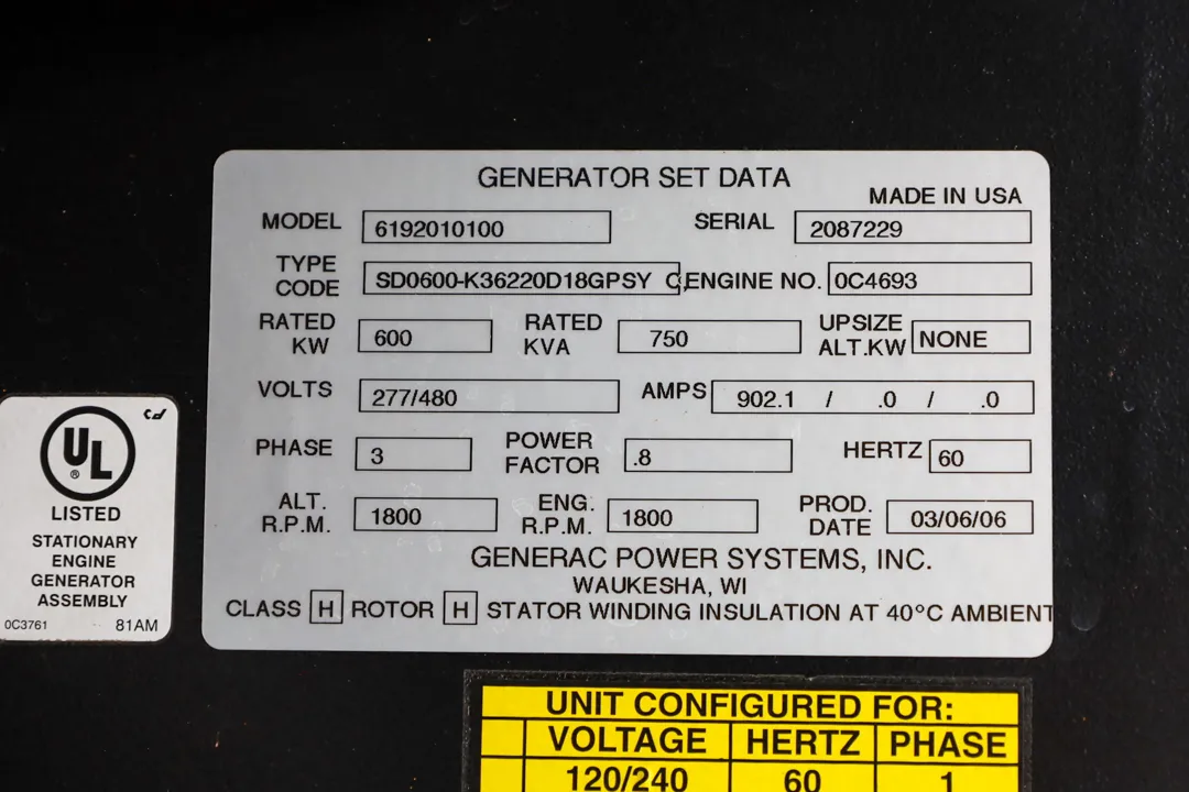 6 610kw generac industrial generator unit 090908 data tag