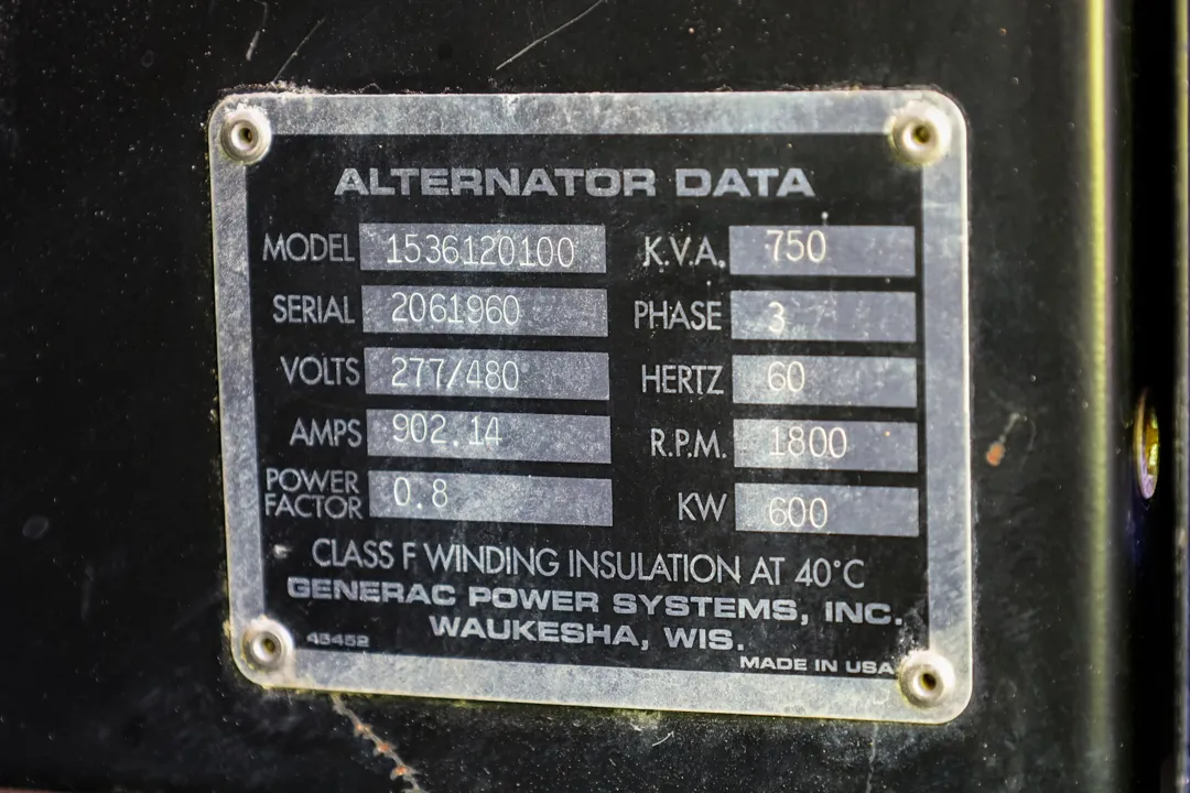6 645kw generac industrial generator unit 092029 data tag