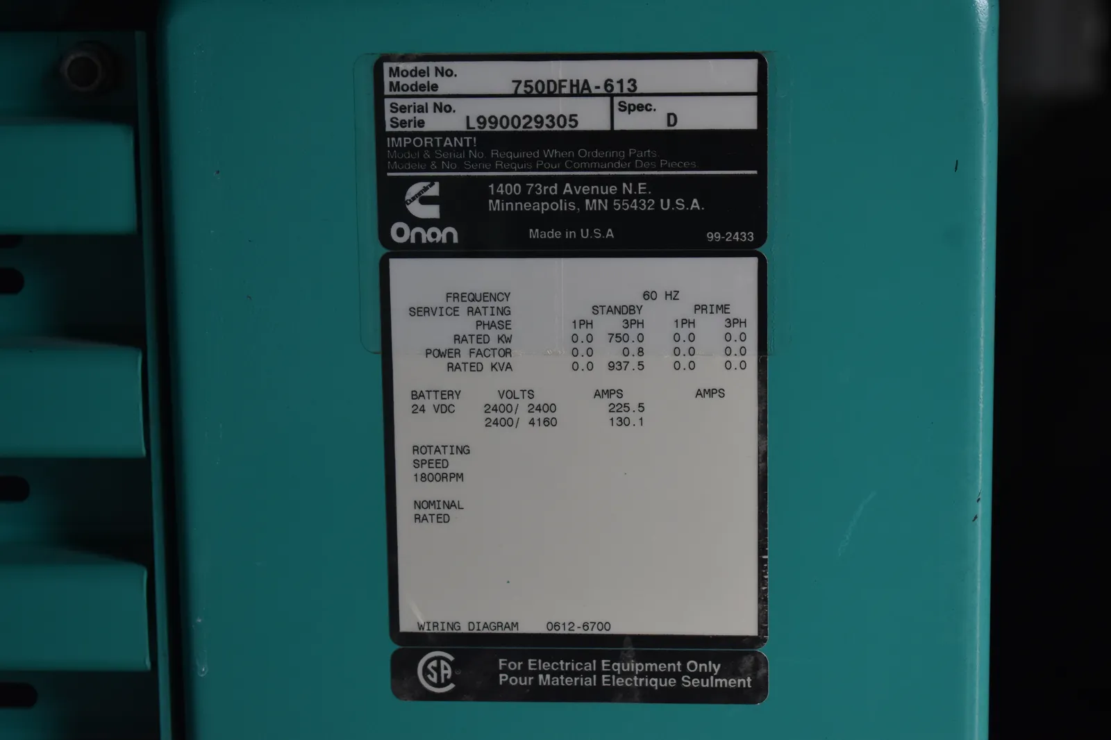 6 750kw cummins industrial generator unit 089819 data tag