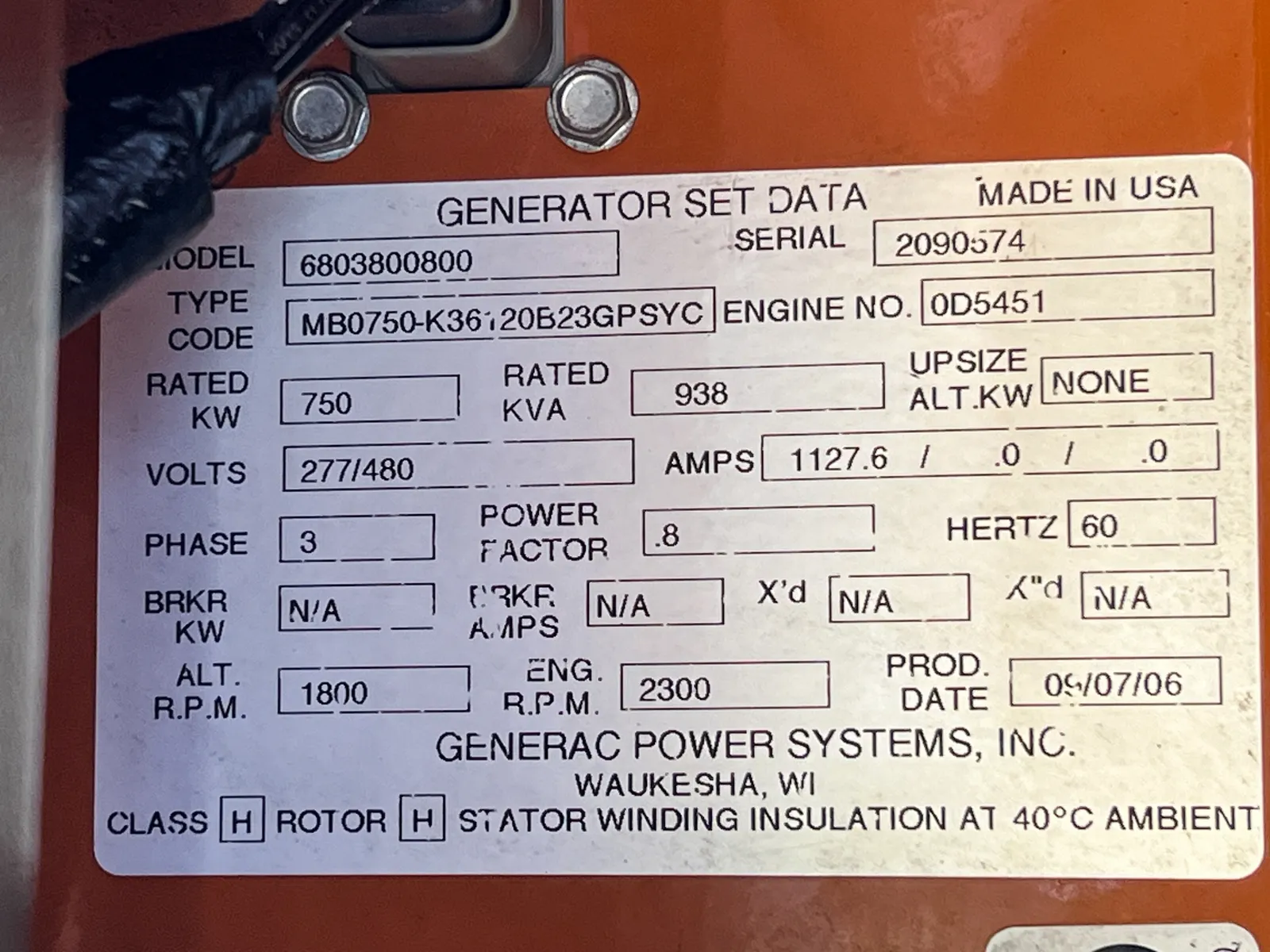 6 750kw generac industrial generator unit 089150 data tag