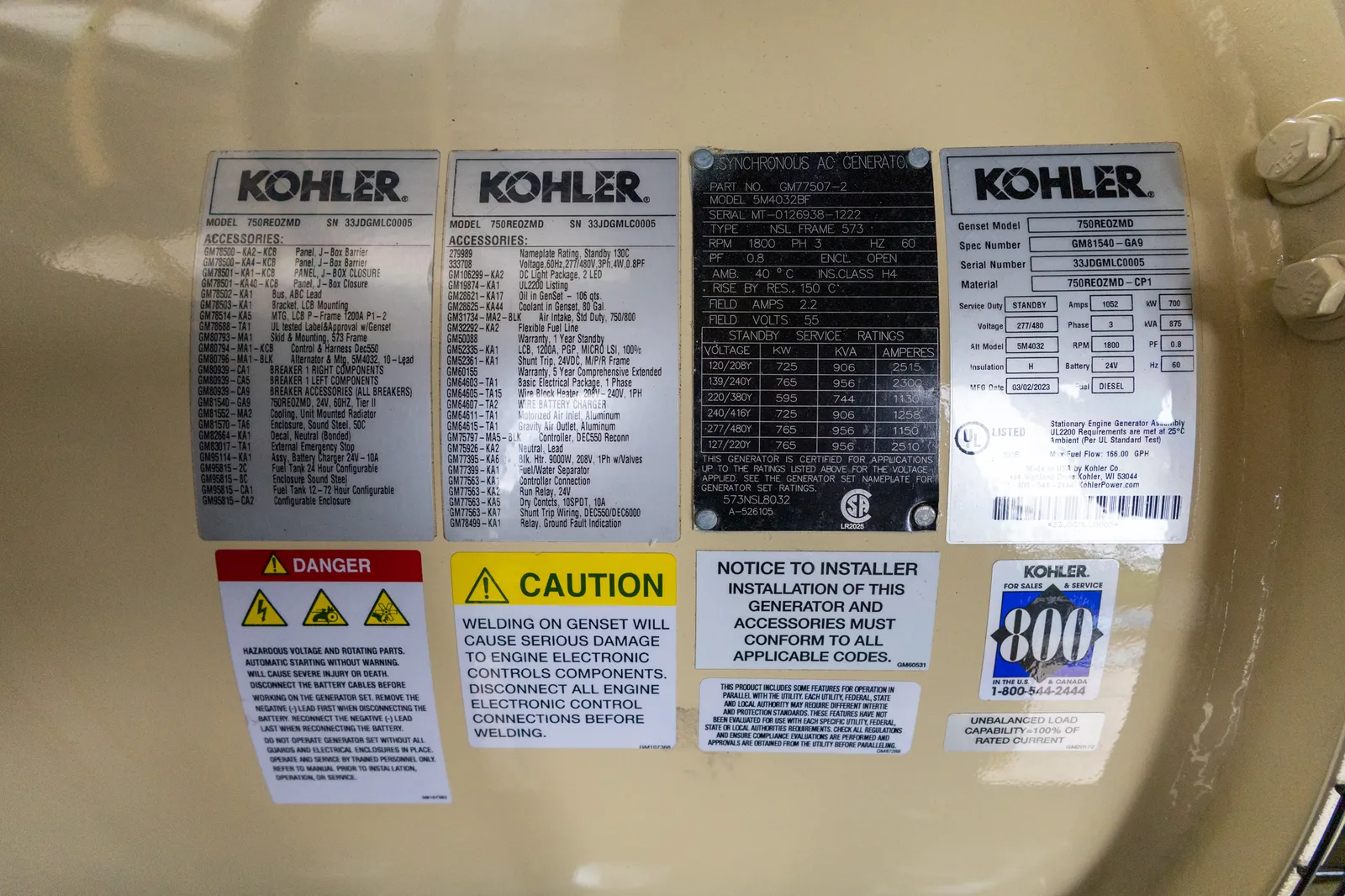 6 750kw kohler industrial generator unit 091032 data tag