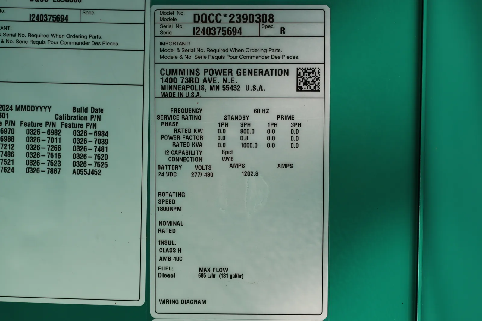 6 800kw cummins industrial generator unit 090350 data tag