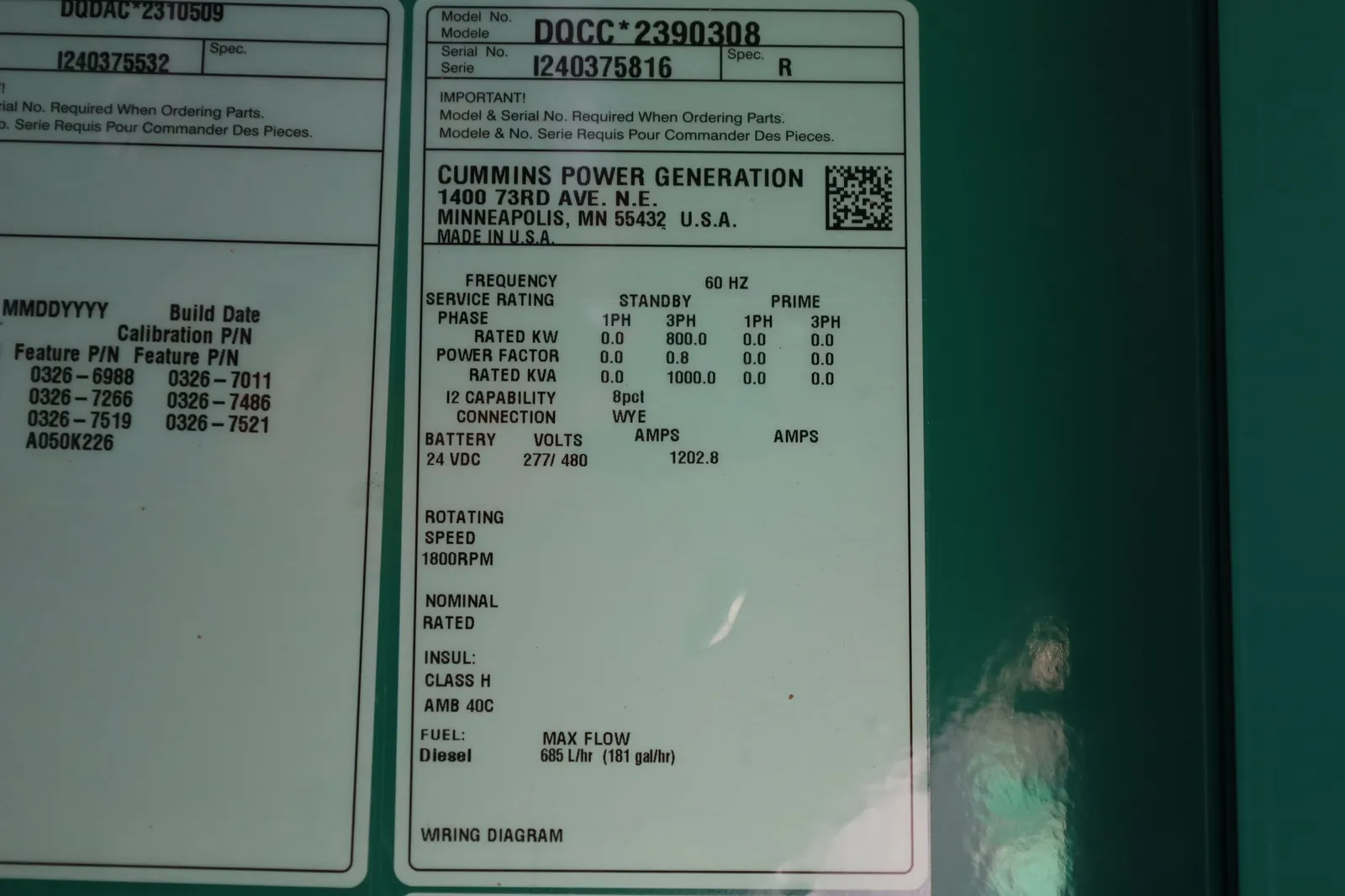 6 800kw cummins industrial generator unit 090351 data tag