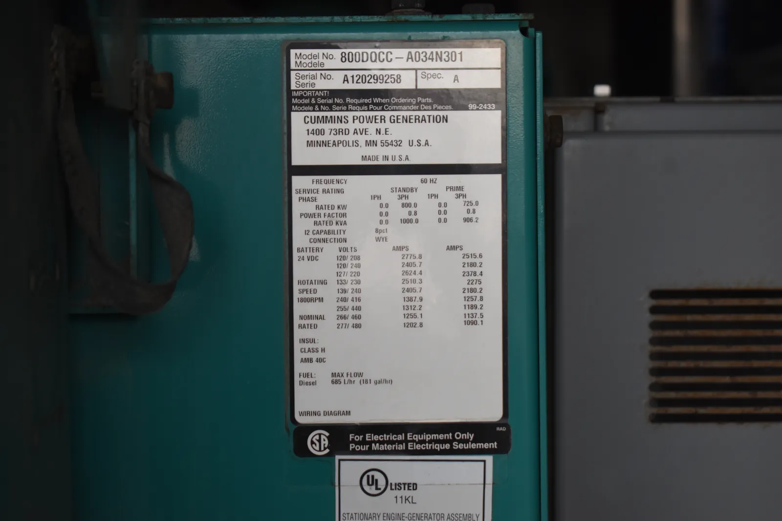 6 800kw cummins industrial generator unit 090395 data tag