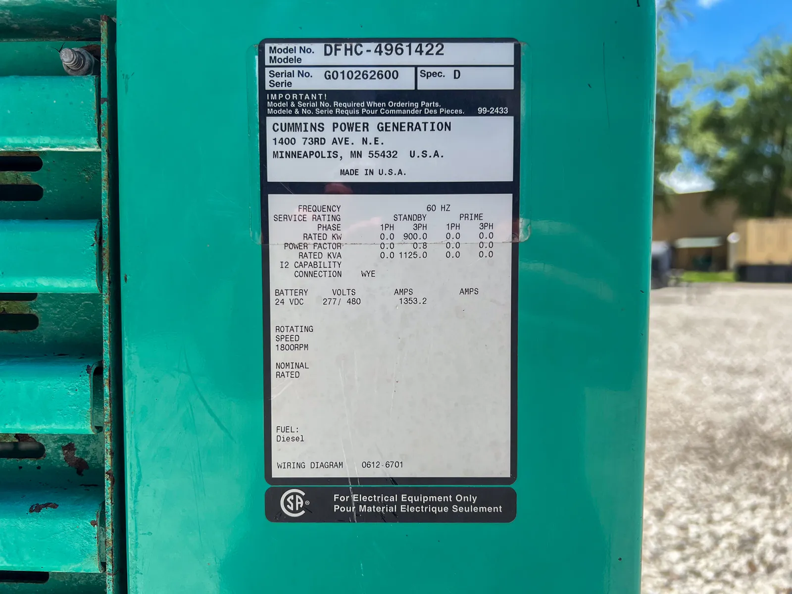 6 900kw cummins industrial generator unit 091162 data tag