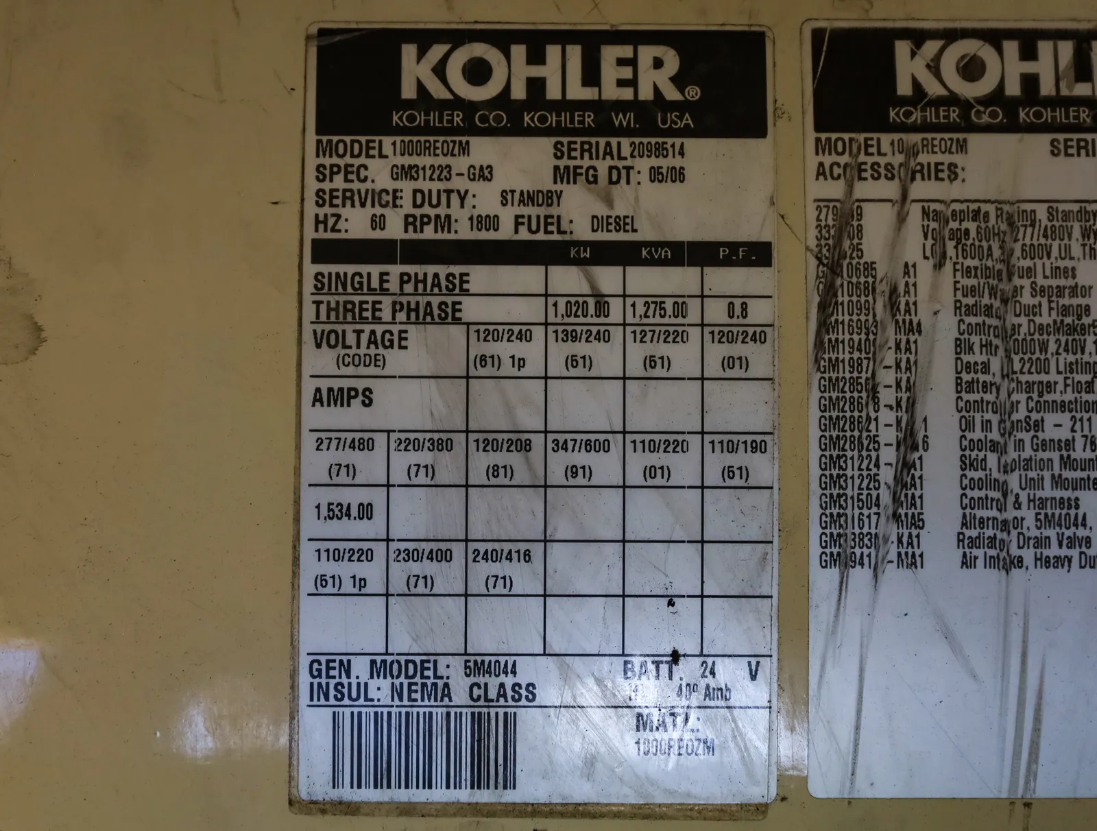 6 1000kw kohler industrial generator unit 092808 data tag
