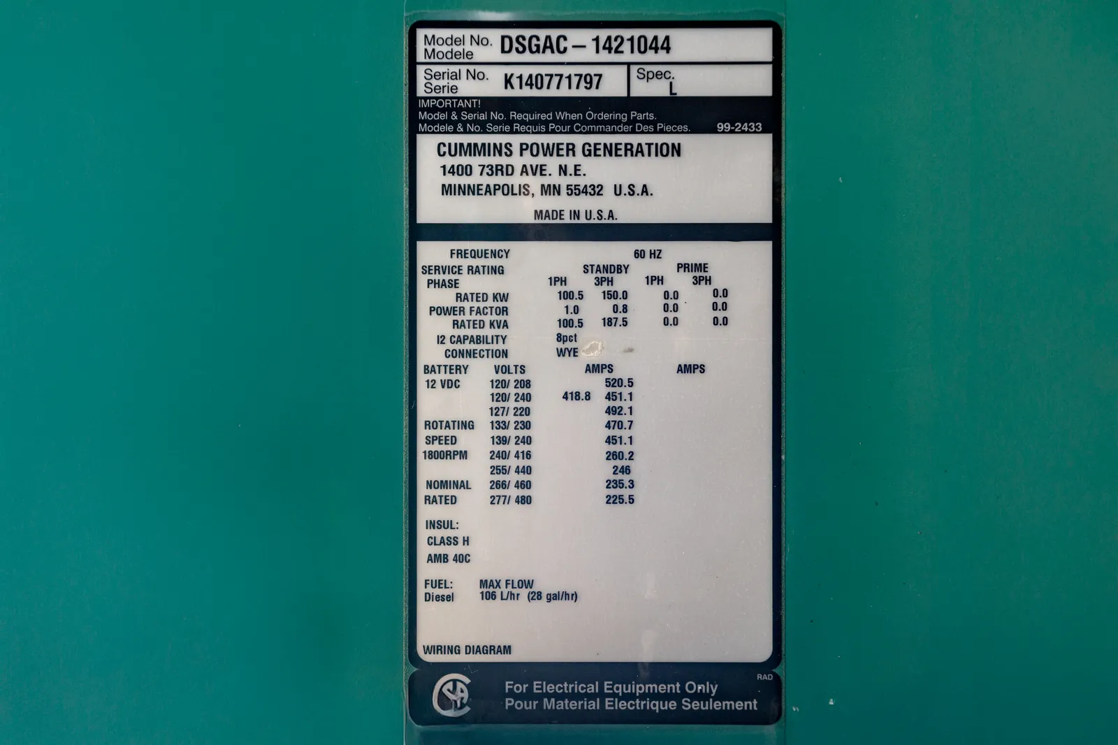 6 150kw cummins industrial generator unit 092733 data tag