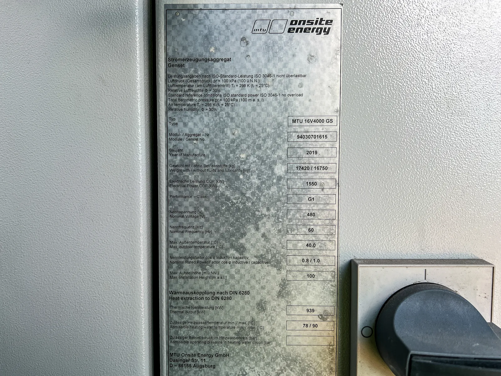6 1750kw mtu industrial generator unit 092697 data tag