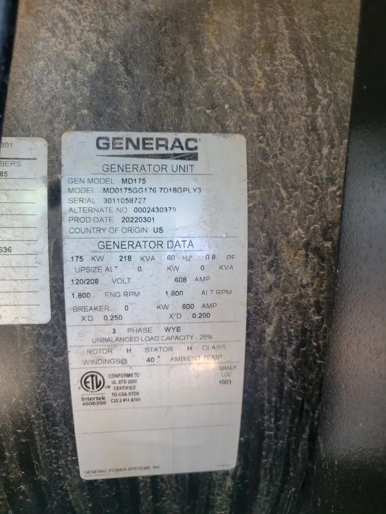 6 175kw generac industrial generator unit 092677 data tag