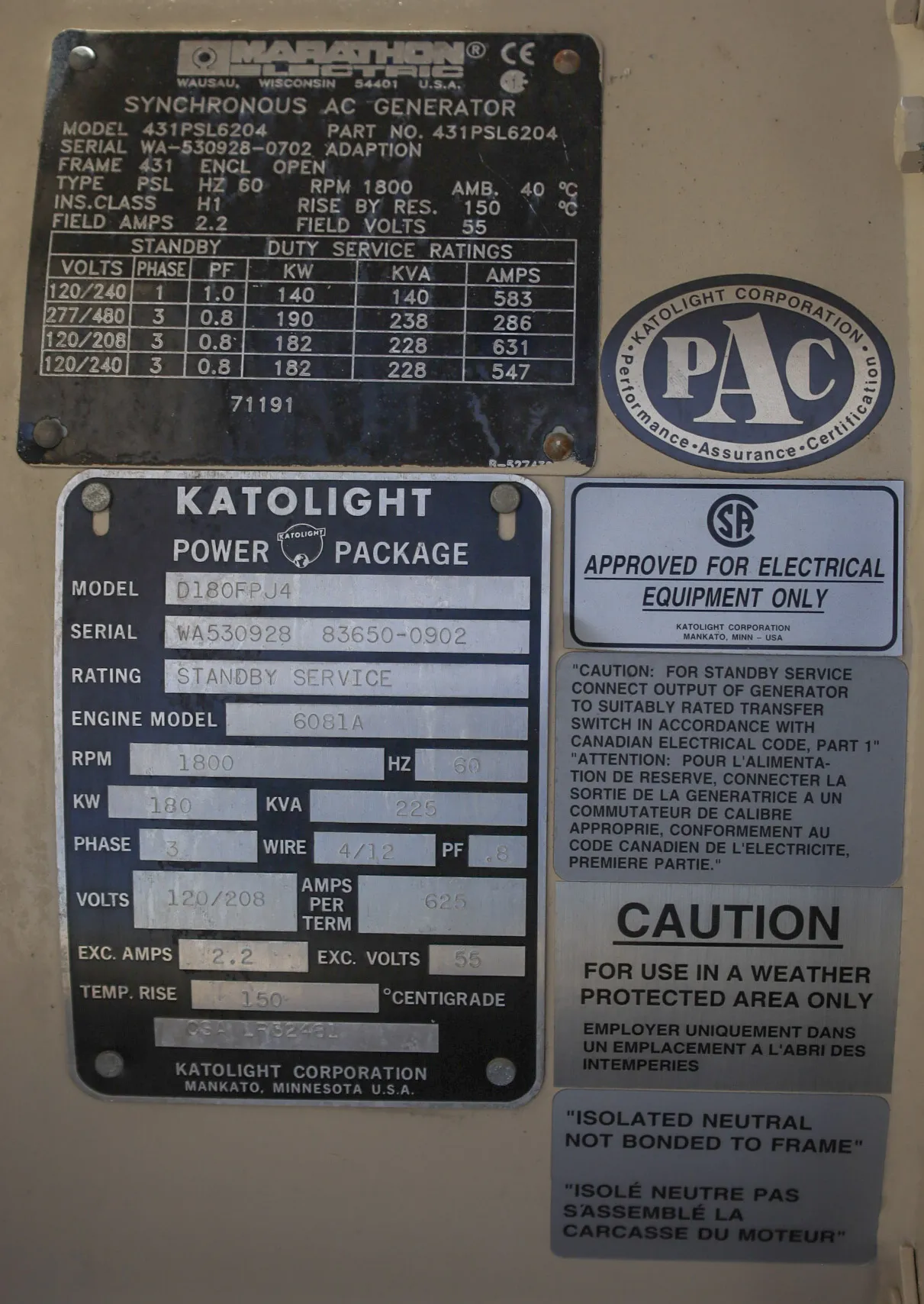 6 180kw katolight industrial generator unit 092717 data tag