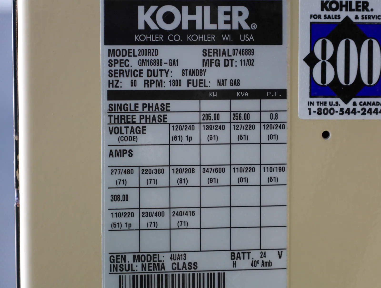 6 200kw kohler industrial generator unit 092730 data tag