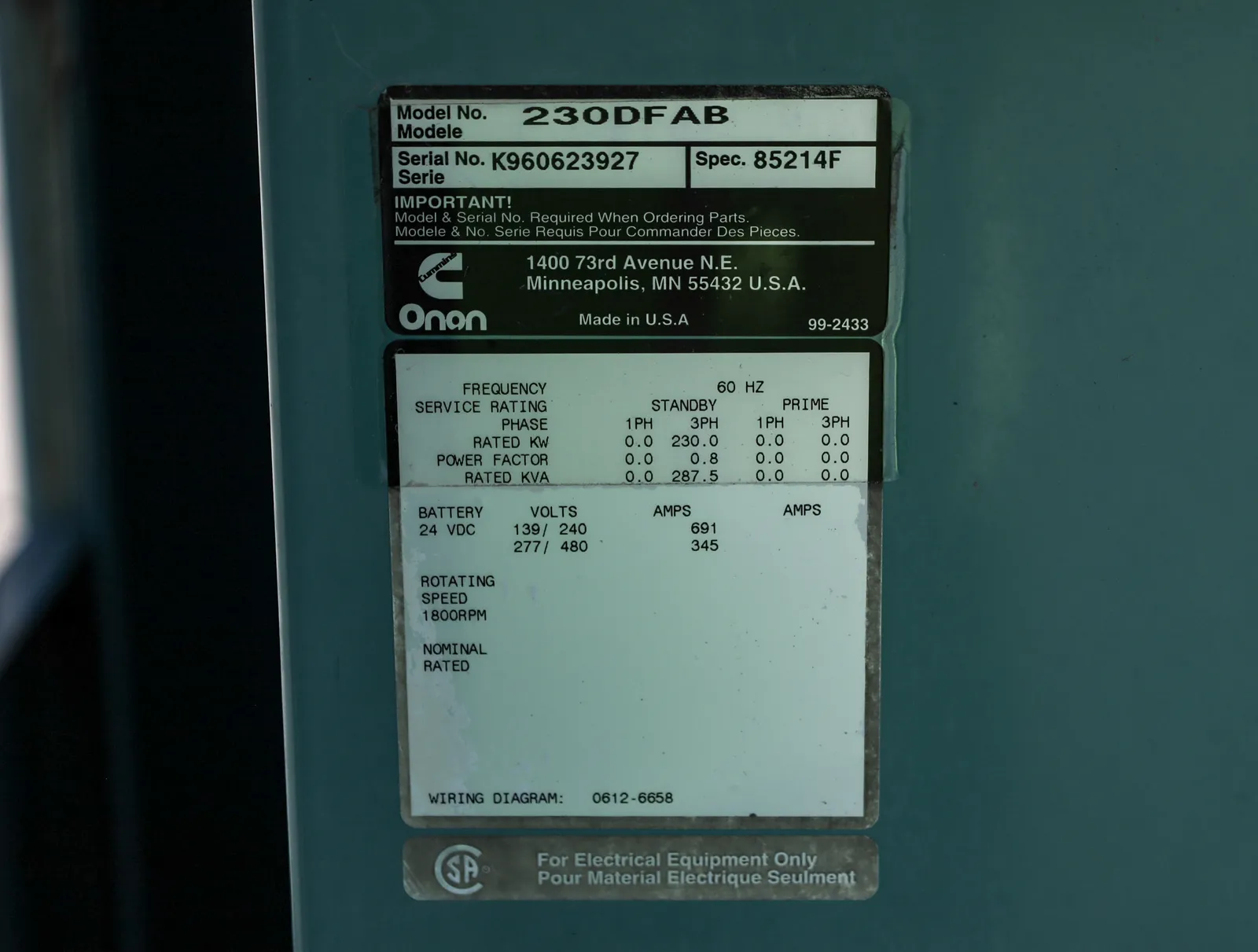 6 230kw cummins industrial generator unit 092003 data tag