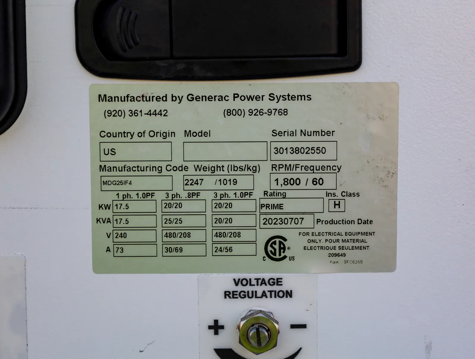 6 25kw generac industrial generator unit 092753 data tag