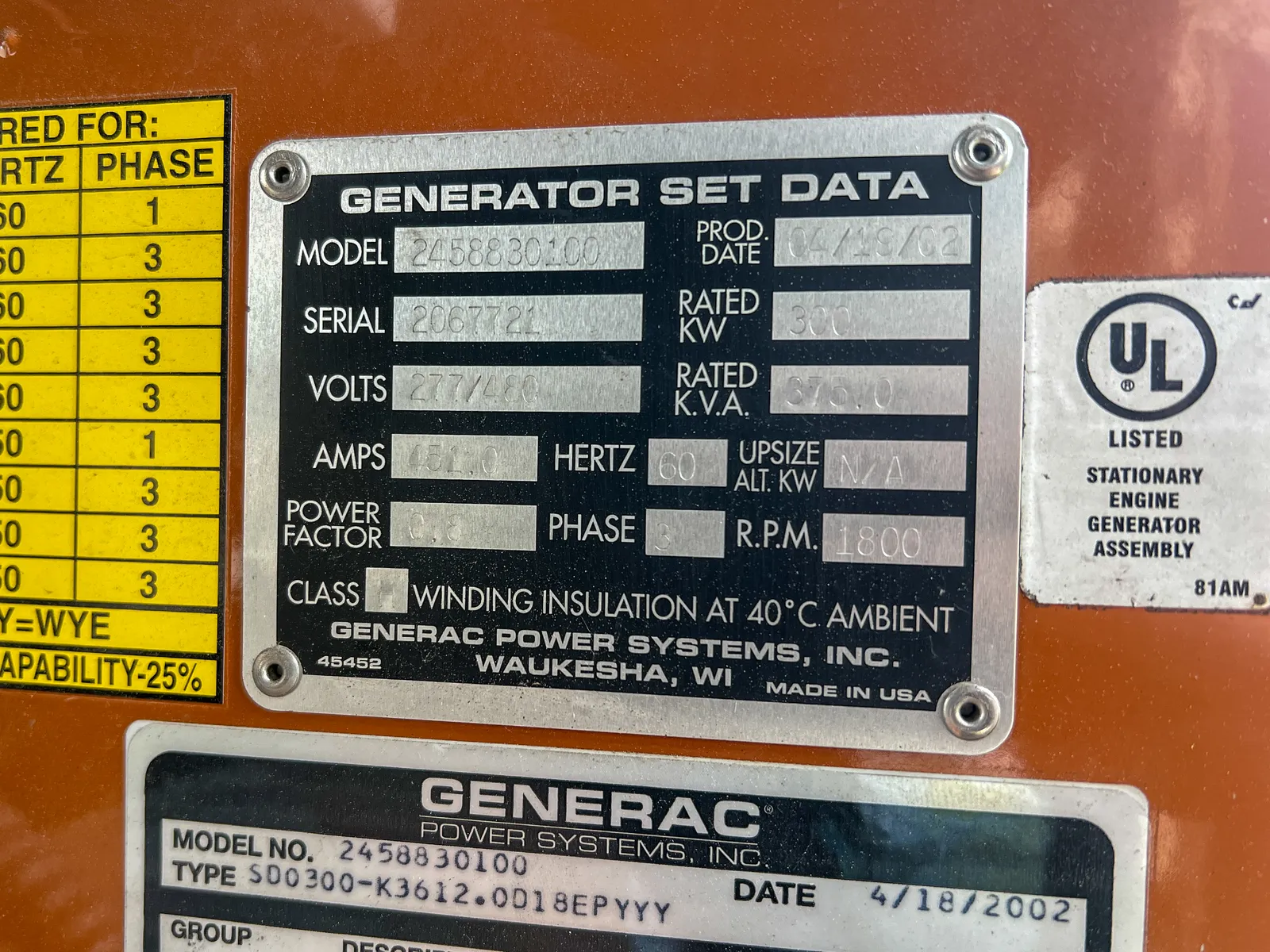 6 300kw generac industrial generator unit 092762 data tag