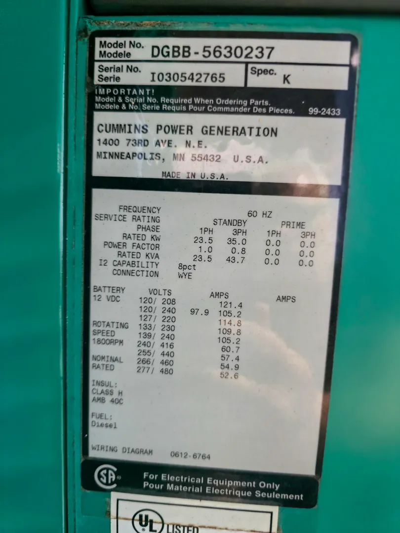 6 35kw cummins industrial generator unit 091386 data tag