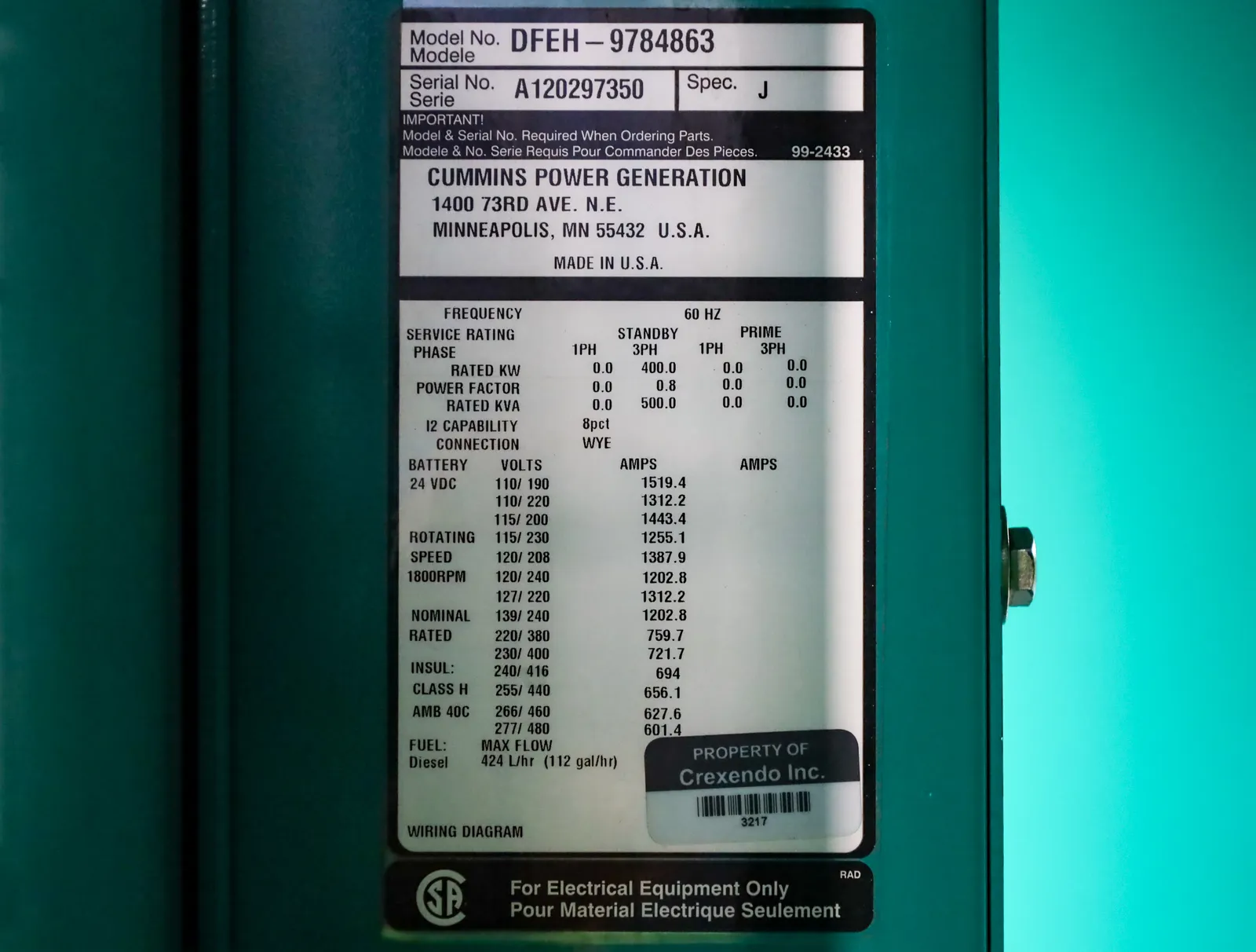 6 400kw cummins industrial generator unit 092688 data tag