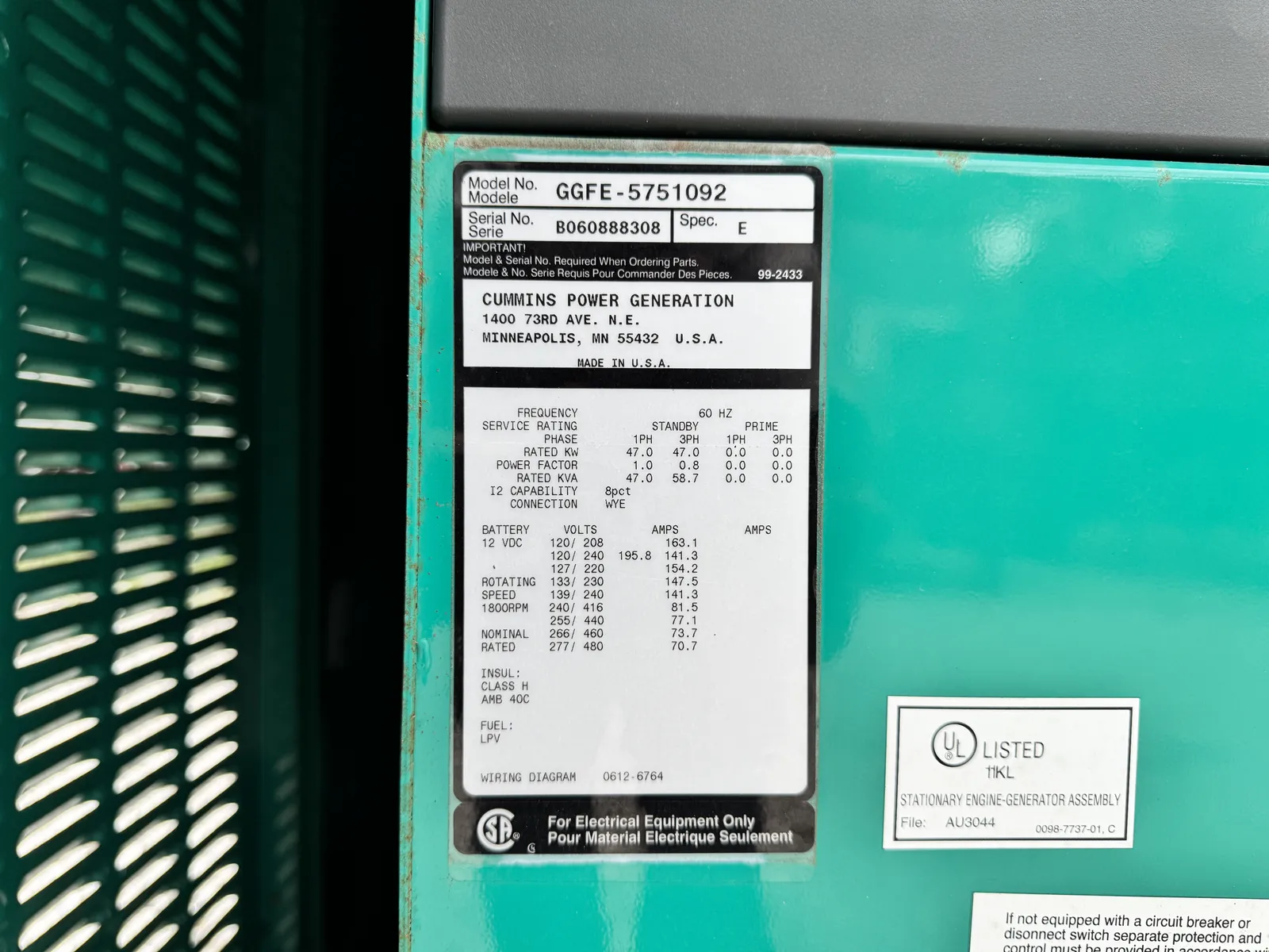 6 47kw cummins industrial generator unit 092817 data tag