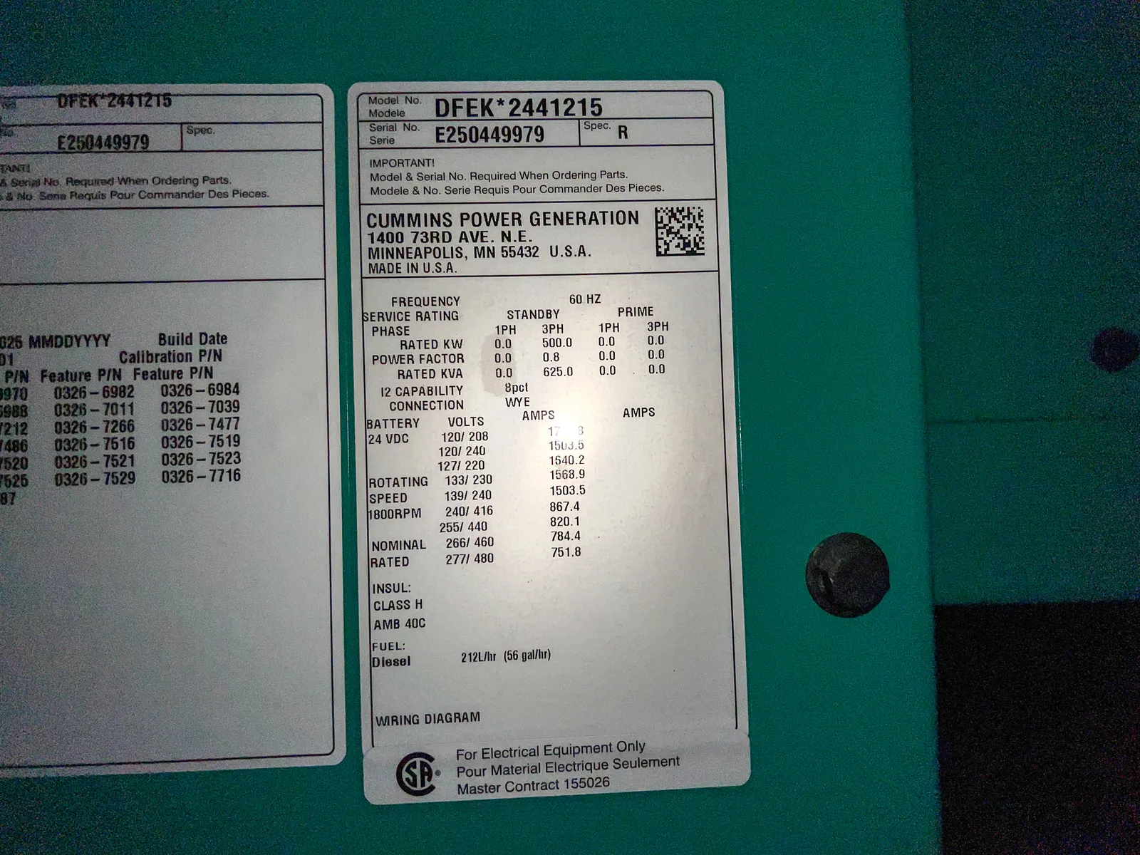 6 500kw cummins industrial generator unit 091494 data tag