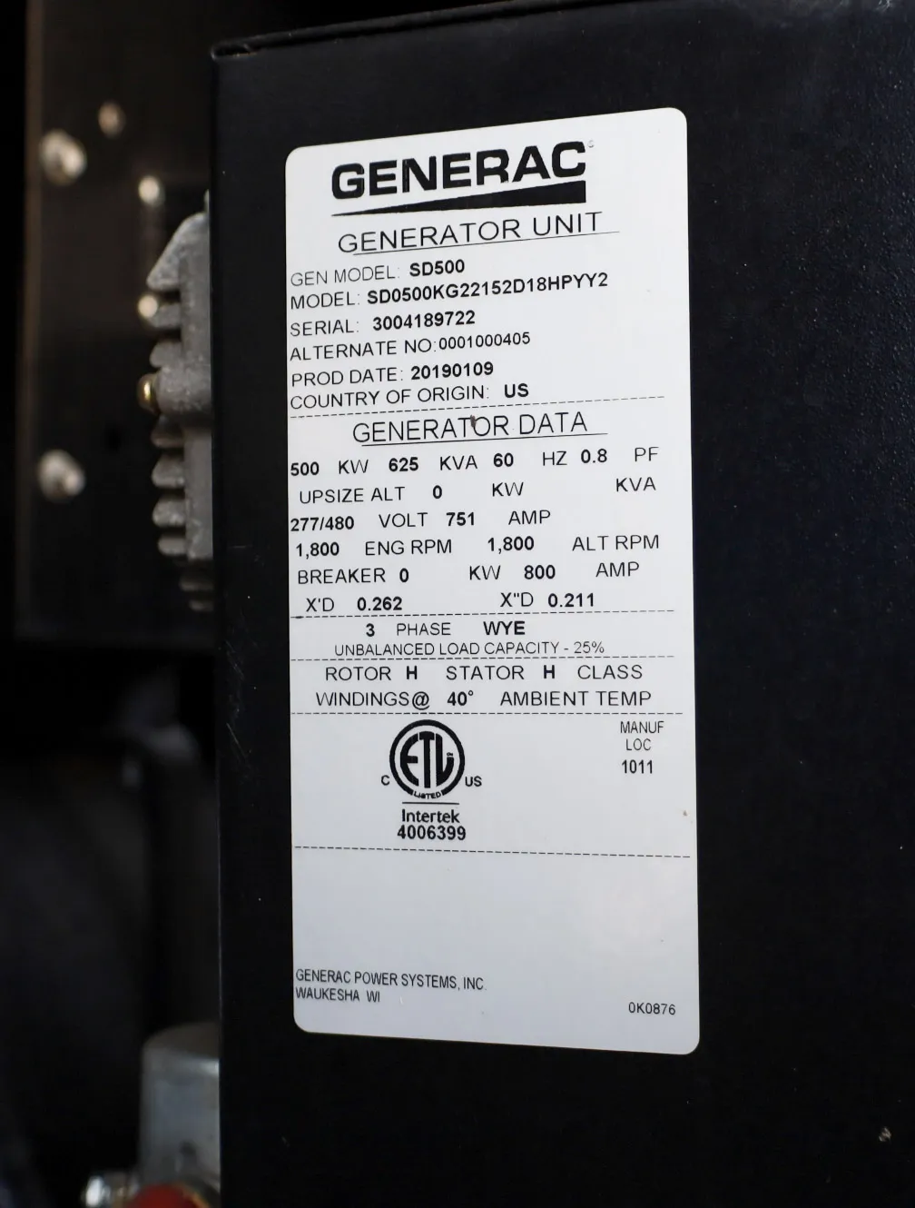 6 500kw generac industrial generator unit 092848 data tag