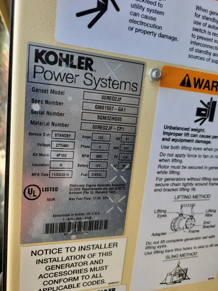 6 80kw kohler industrial generator unit 092751 data tag