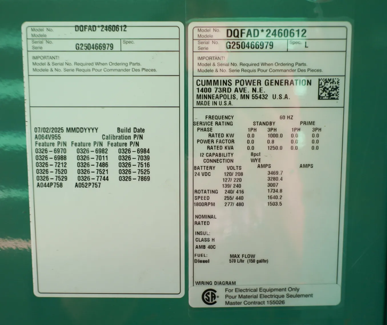 6 1000kw cummins industrial generator unit 091506 data tag