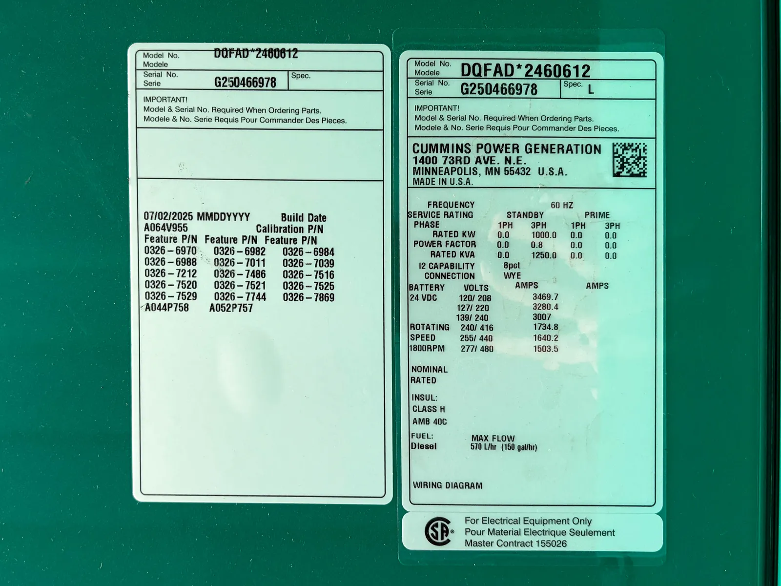 6 1000kw cummins industrial generator unit 091507 data tag