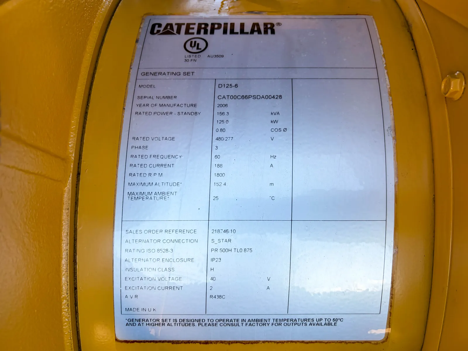 6 125kw caterpillar industrial generator unit 092939 data tag