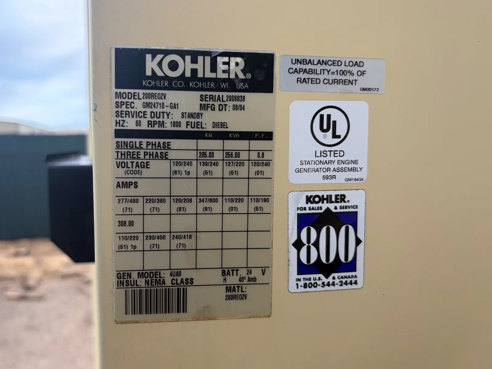 6 200kw kohler industrial generator unit 092875 data tag