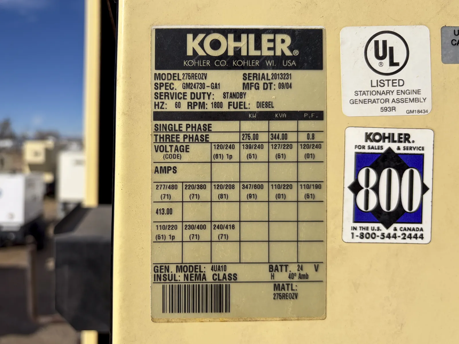 6 275kw kohler industrial generator unit 092874 data tag