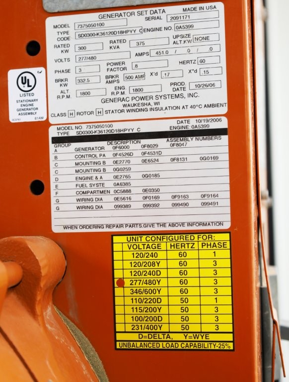 6 300kw generac industrial generator unit 092876 data tag