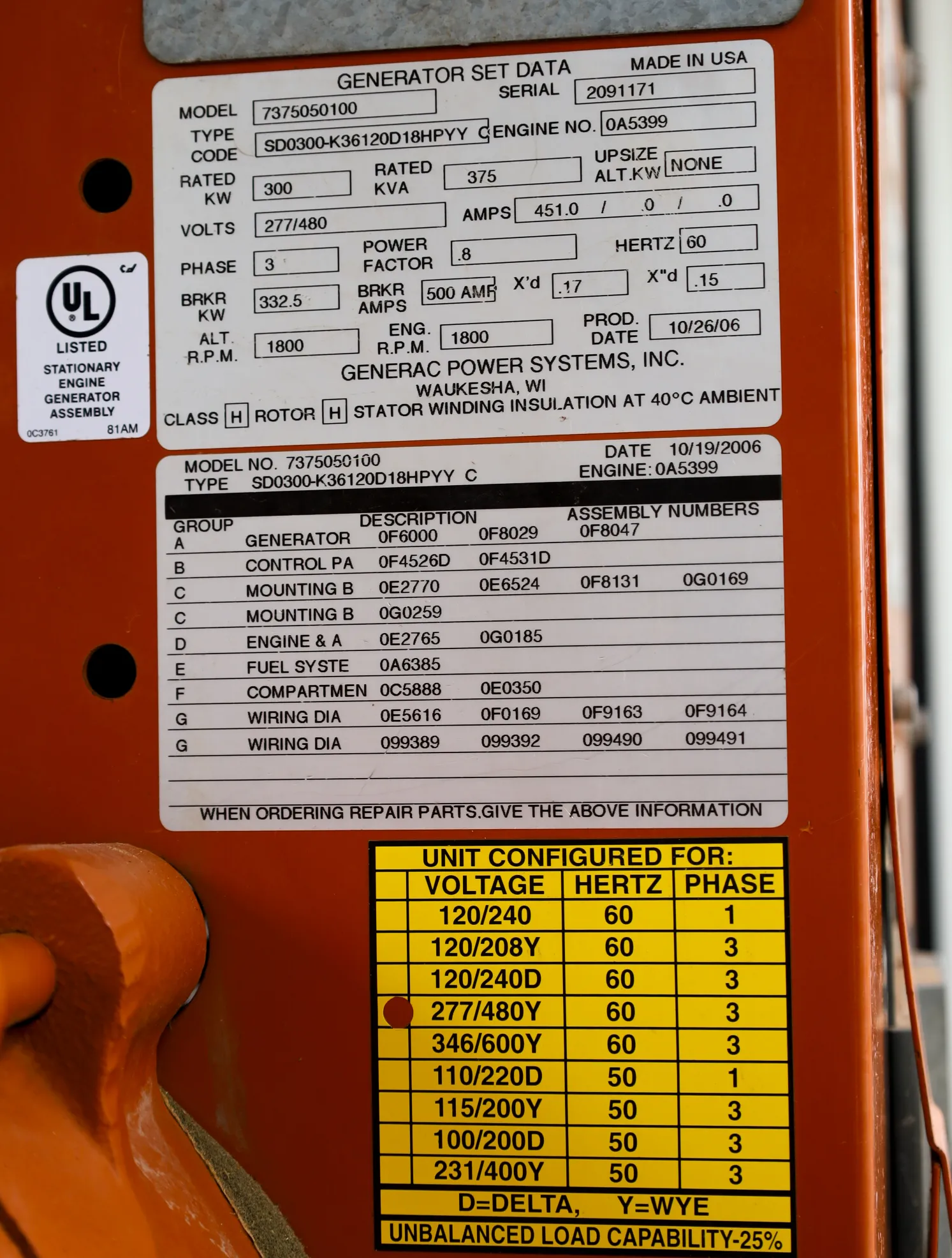 6 300kw generac industrial generator unit 092876 data tag