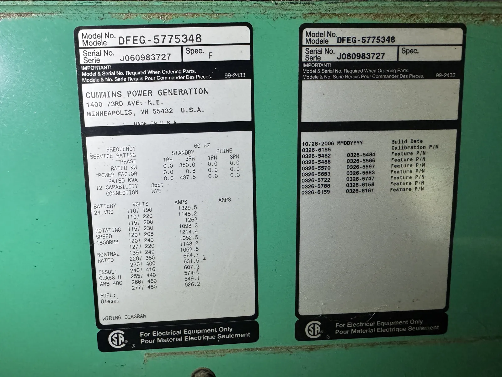 6 350kw cummins industrial generator unit 092861 data tag