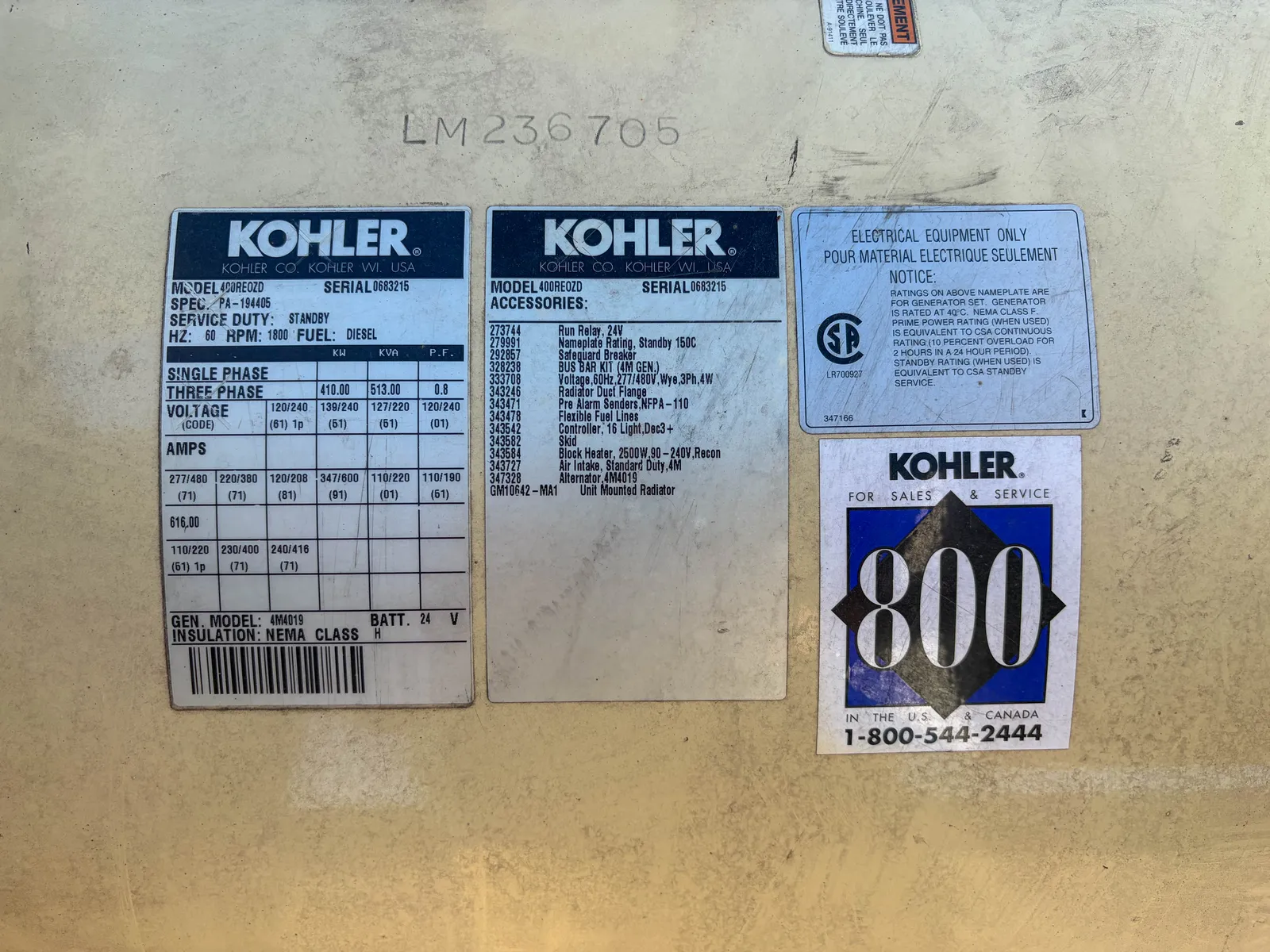 6 400kw kohler industrial generator unit 092929 data tag