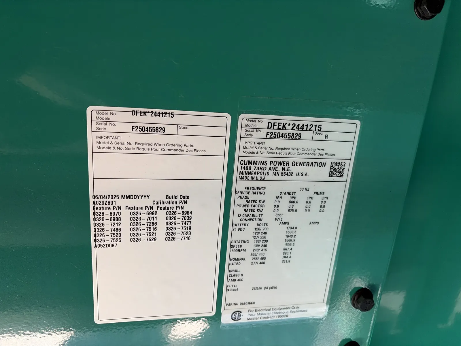 6 500kw cummins industrial generator unit 091496 data tag