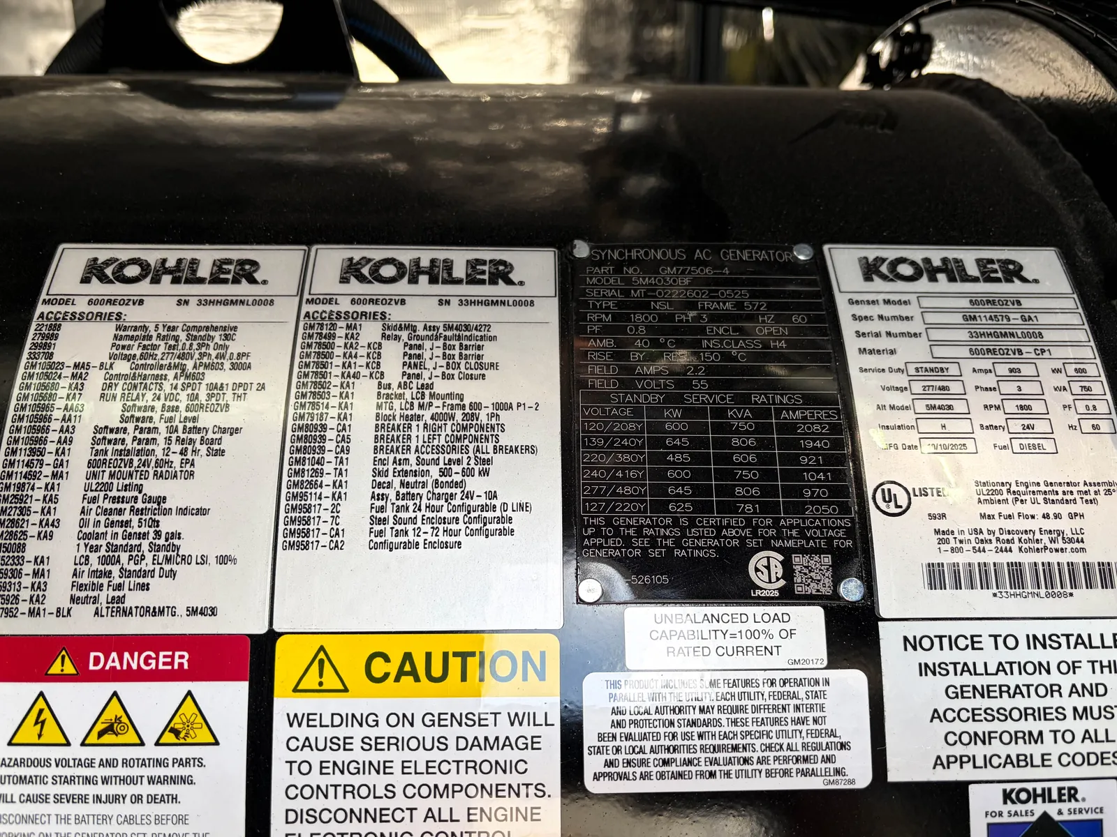6 600kw kohler industrial generator unit 091963 data tag